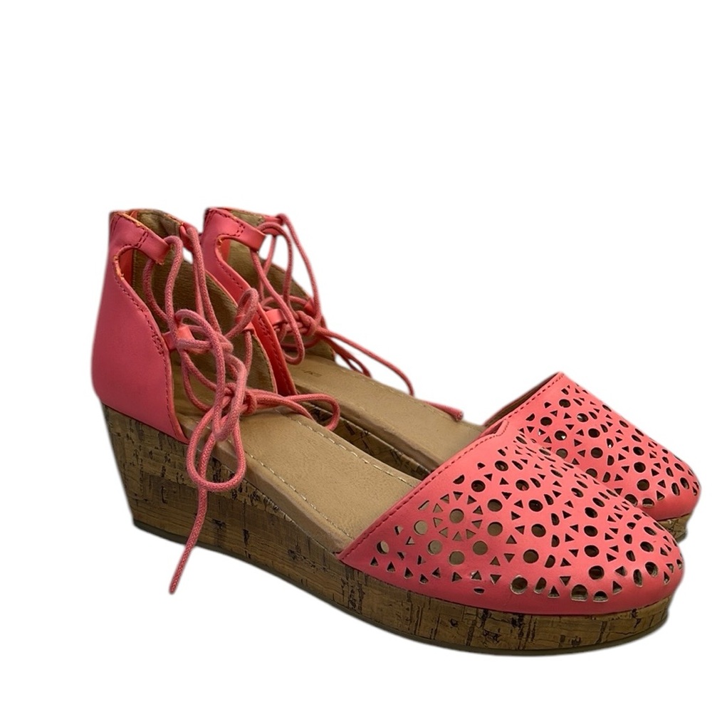 AMERICAN EAGLE SALMON PINK CORK WEDGE ANKLE LACE BACK ZIP SHOES SZ 5.5